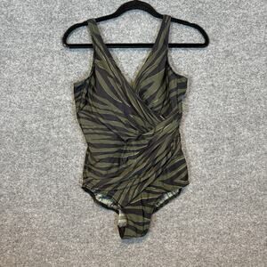 Miraclesuit One Piece Swimsuit Womens 10 Green Black Striped Padded Slimming
